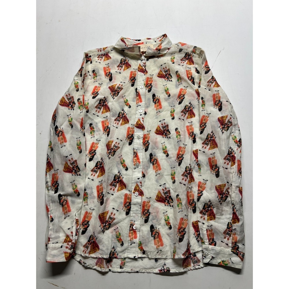 Sezane Pierro Button Up Shirt White Graphic All Over Preppy Casual Womens Sz 36